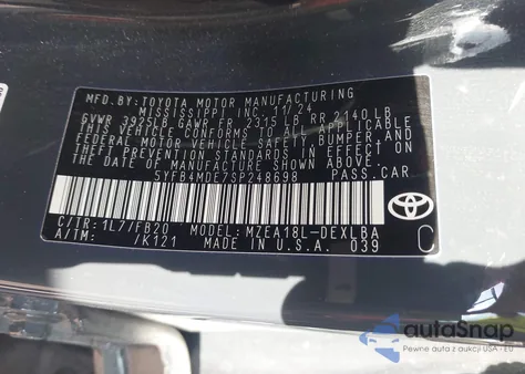 2025 Toyota Corolla Le из США, поврежденный, VIN 5YFB4MDE7SP248698